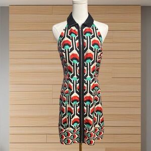 Milly of New York Silk Leather Halter Dress Geometric Mod Zip Front Size 6